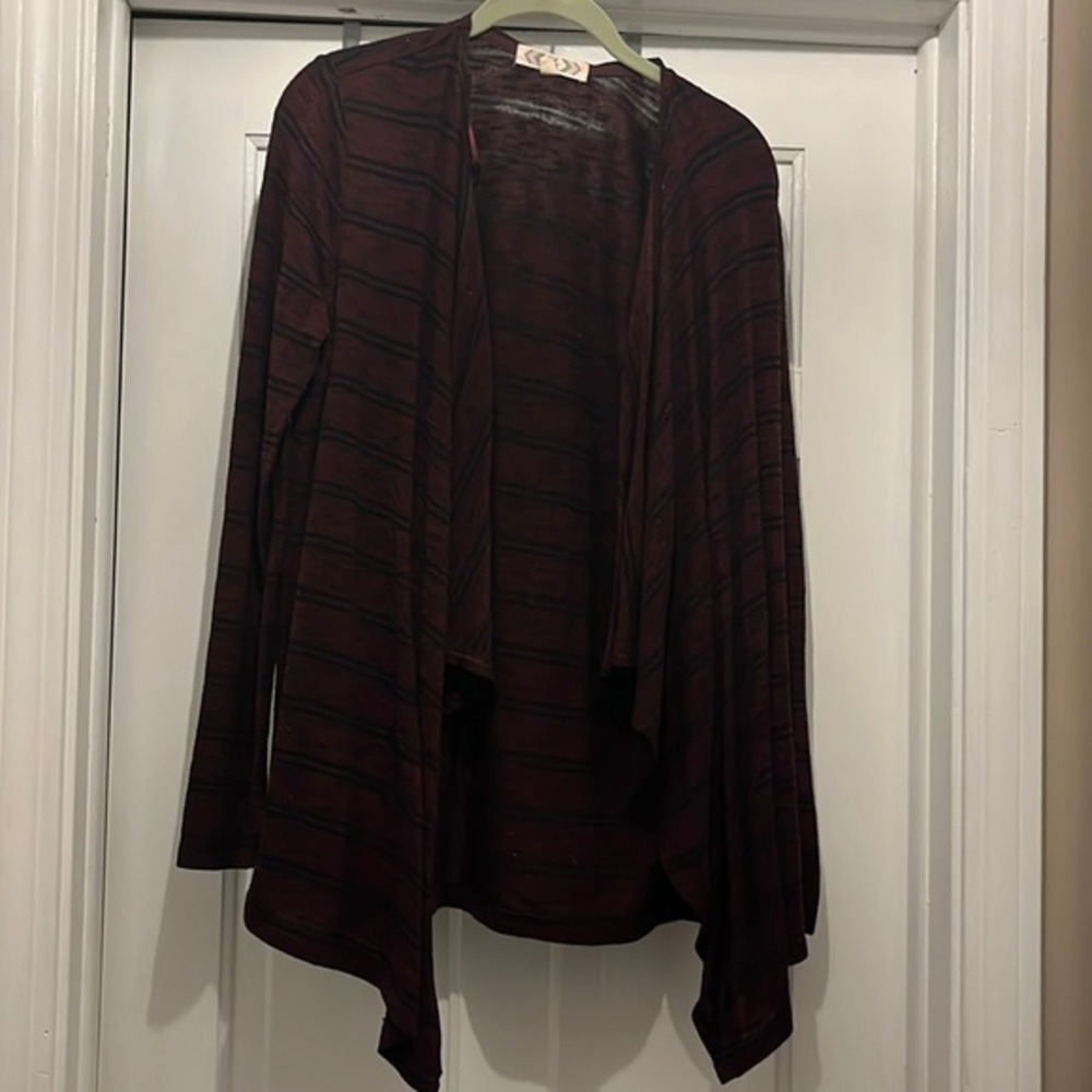 Womens long maroon and black striped sweater